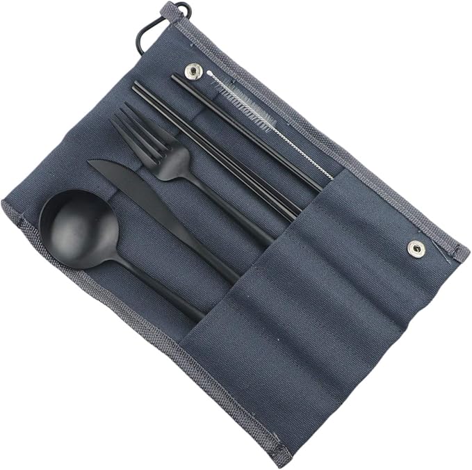 Gugrida Reusable Travel Utensils, 7 Piece Portable 304 Stainless Steel including Knife Fork Spoon Chopsticks Cleaning Brush Straws Portable Pouch, Eco-friendly Camping Silverware Set, Dishwasher Safe