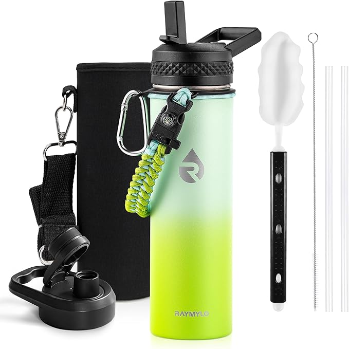 Insulated Water Bottle 20 oz, Triple Wall Vacuum Stainless Steel (Cold for 48 Hrs), Leak Proof & Non-BPA, Kids Water Bottle Jug for School with Straw Spout Lids, Ombre Green