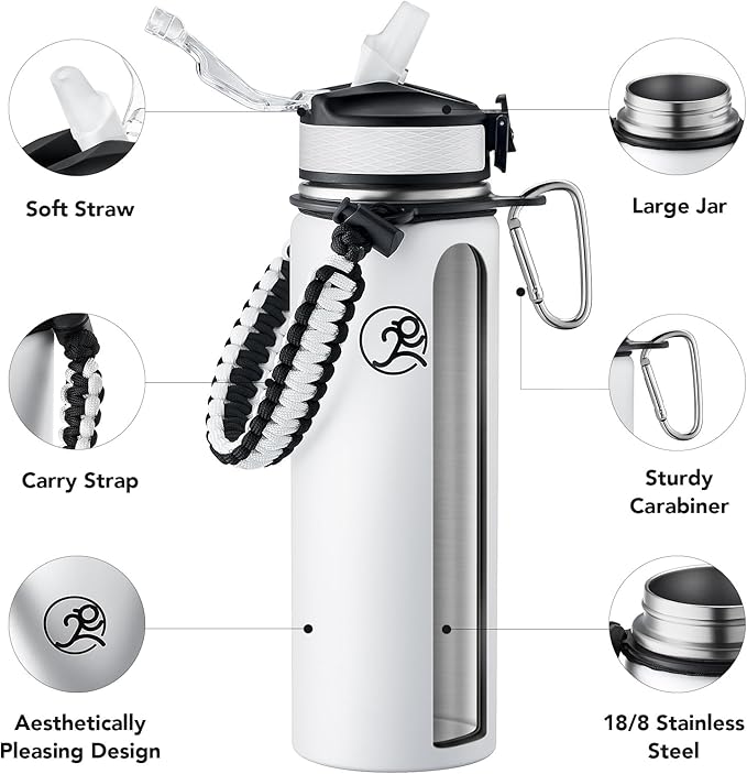 GOSWAG Insulated Sports Water Bottle, 24oz 2 Lids(with Straw/No Straw), Stainless Steel Water Bottles with Paracord Handle, Insulated Bottle with Double-Wall Vacuum Insulation