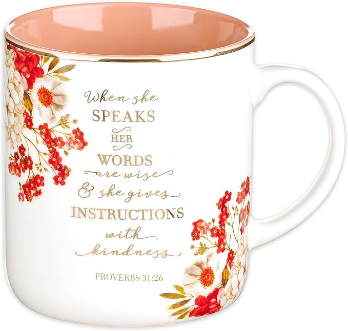 Christian Art Gifts Floral Ceramic Coffee Mug with Gold Rim – 14 oz. Lead & Cadmium-free, Non-toxic Inspirational Scripture Coffee & Tea Mug for Women with Bible Verse: When She Speaks –Proverbs 31:26