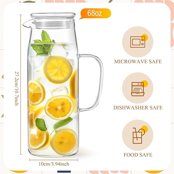 Hsei 2 Sets Glass Pitcher with Lid, 67.6 oz / 2000 ml Water Carafe with Handles Hot Cold Beverage Water Jar Glass Jug for Tea Juice Milk Coffee Iced Beverage (Glass Lid)