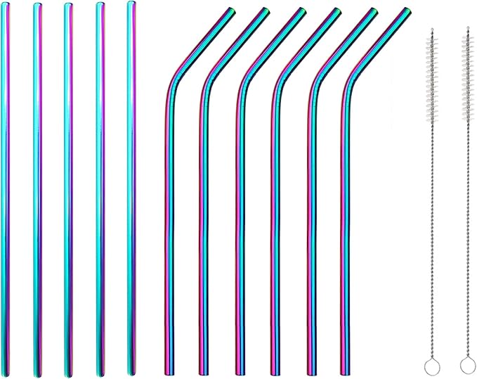10 Pcs Stainless Steel Straws, Reusable Drinking Straws, 5 Straight + 5 Bent Metal Straws Set With 2 Pcs Cleaning Brushes (Colorful, 10.5 Inch)