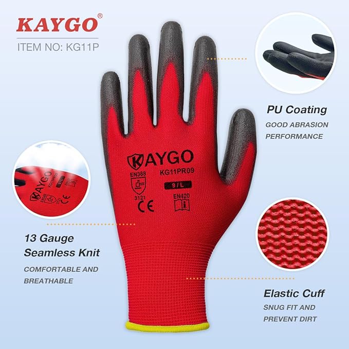 KAYGO Safety Work Gloves PU Coated-60 Pairs Seamless Knit Glove with Polyurethane Coated Smooth Grip on Palm & Fingers, for Men and Women, Ideal for General Duty Work, KG11PR (S,Red)