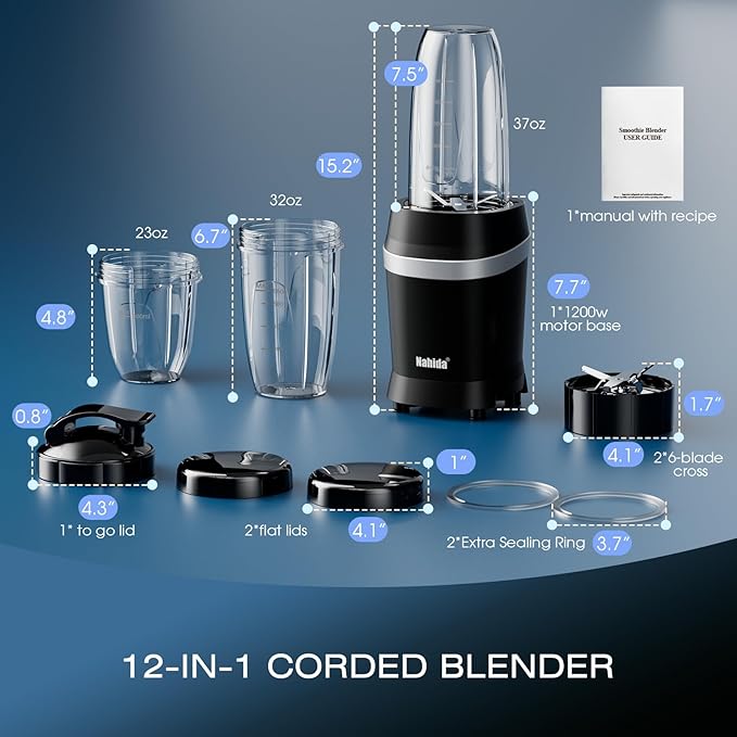 Nahida Blender for Smoothies, 1200W Smoothie Blender for Ices Crushing, Blenders with (2) 6-Fin Blades, Personal Blenders for Kitchen with 23oz, 32oz, 37oz Easy Go Cups for Juices, Black