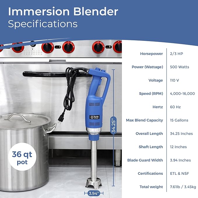 TK Commercial Immersion Blender, 500 Watt/.5 HP Variable Speed Motor, 16,000 RPM Heavy Duty with Performance Assurance - 12"