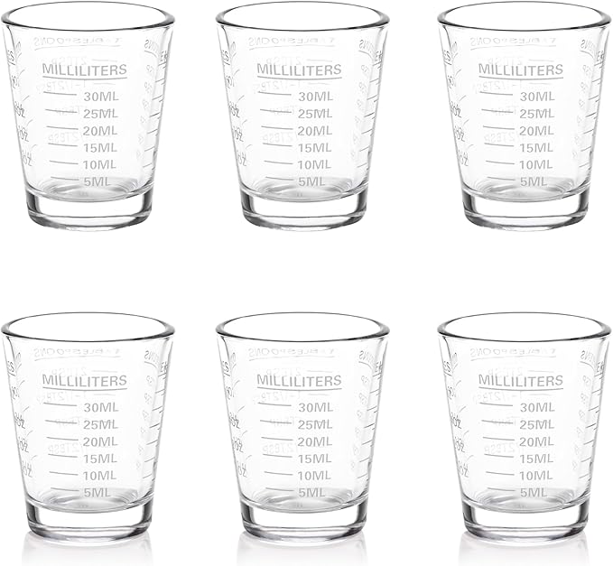 Shot Glasses Measuring Cup Set 6 Pack Espresso Shot Glasses Liquid Heavy Glass 26-Incremental Measurement 1 OZ, 2 TBS, 6 TSP, 30 ML Kitchen Tools(White)