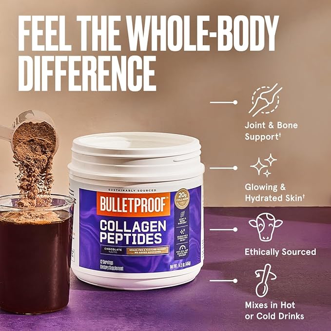 Bulletproof Chocolate Collagen Peptides Powder with MCT Oil, 14.3 Ounces, Grass-Fed Collagen Protein for Skin, Bone and Joint Support, Pasture Raised, No Added Hormones