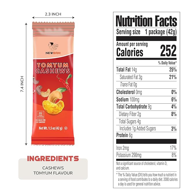 NEWBAM Spicy Tom Yum Cashews Individual Packs - 12 Cashew Snack Packs Roasted Nuts (1.5oz Each) – Authentic Thai Flavor, Keto, Vegan, Gluten-Free - Healthy Snacks for Trail Mix, Office, or Party - Low Sugar