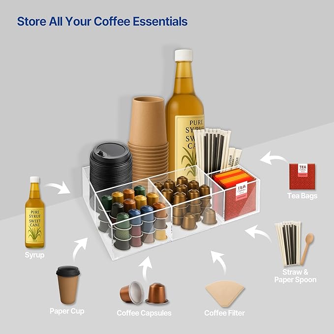 Acrylic Coffee Bar Station – Snack Tea Organizer & Storage Holder for Office Coffee Table – Perfect Countertop Setup for Syrup, Creamer, and Snack Accessories