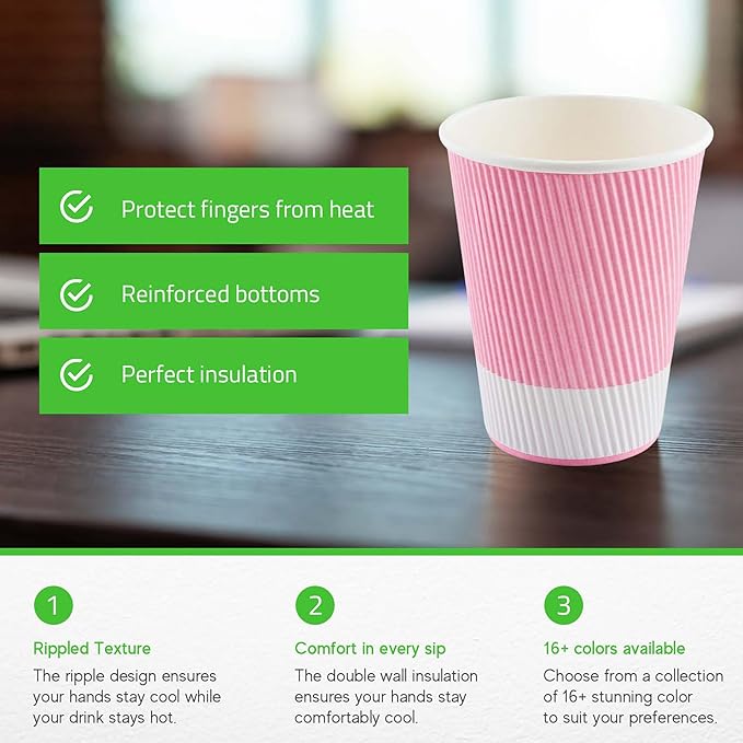 Restaurantware-12 Ounce Disposable Coffee Cups, 500 Ripple Wall Hot Cups For Coffee - Lids Sold Separately, Rolled Rim, Light Pink Paper Insulated Coffee Cups, For Hot Coffee, Tea, And More