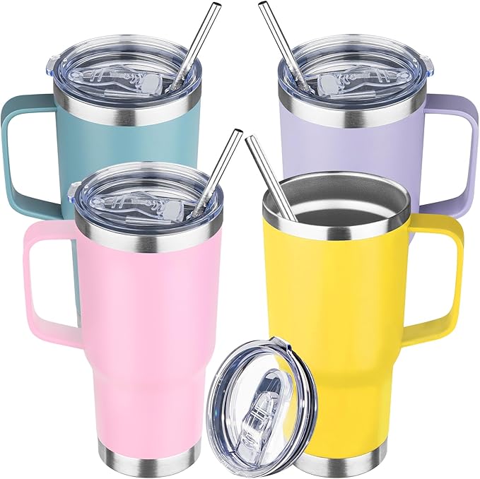 20 oz Tumbler with Handle Stainless Steel Insulated Coffee Mug Tumbler with Lid and Straw Double Wall Vacuum Insulated Coffee Mug Leak Proof Travel Mug Tumbler for Hot and Cold Drink (Mix Color-4)