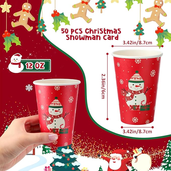 50 Sets Christmas Snowman Soup Kits for Classroom Coworker Gift 12 Oz Winter Snowman Paper Cups for Hot Cocoa Chocolate Marshmallow Soup Tags Clear Xmas Bags (Vibrant)
