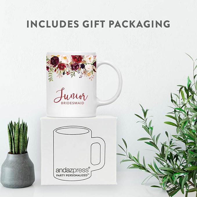 Andaz Press 11oz. Wedding Ceramic Coffee Tea Mug Gift, Fall Autumn Marsala Burgundy Flowers Roses Florals, Junior Bridesmaid, 1-Pack, Includes Gift Box