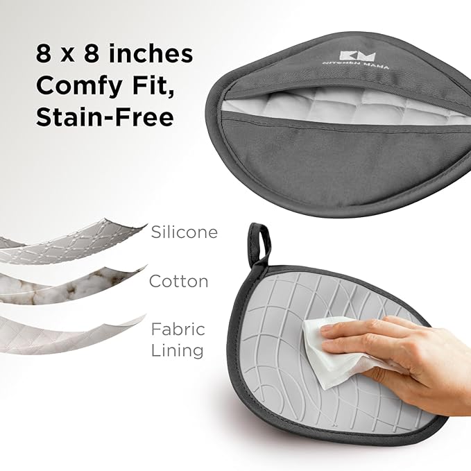 Kitchen Mama Silicone Pot Holders - Heat Resistant, Non-Slip Surface, Dual Pocket Design with Soft Cotton Lining, Safe, Durable, Stylish, Practical for Everyday Use Hot Oven, Bowl, Pan (Metal Gray)