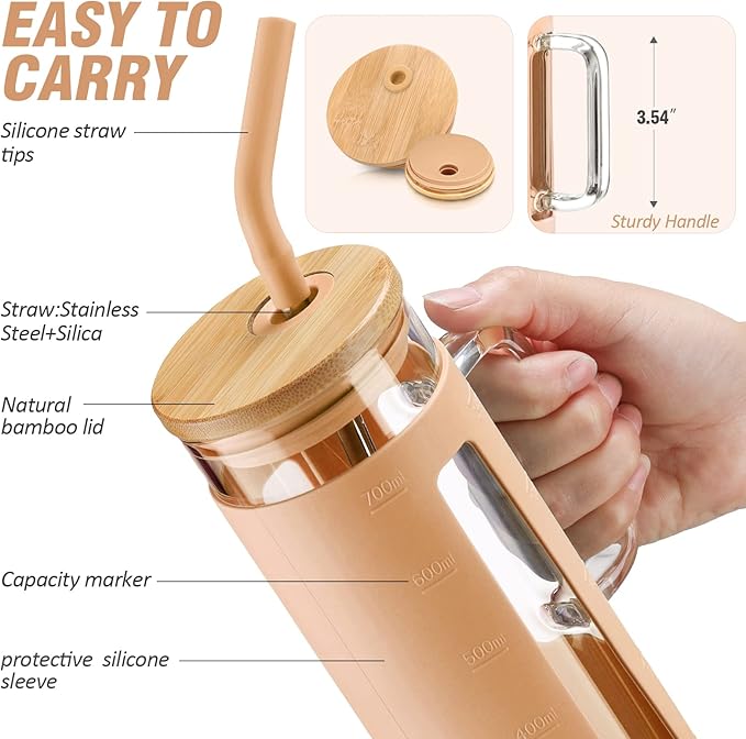Kodrine Tumbler with Lid and Straw, 24 oz Glass Tumbler with Handle, Iced Coffee Cup Boba Smoothie Cup, Coffee Tumbler Water Tumbler Cups with Bamboo Lid Home Office Tumblers, Amber