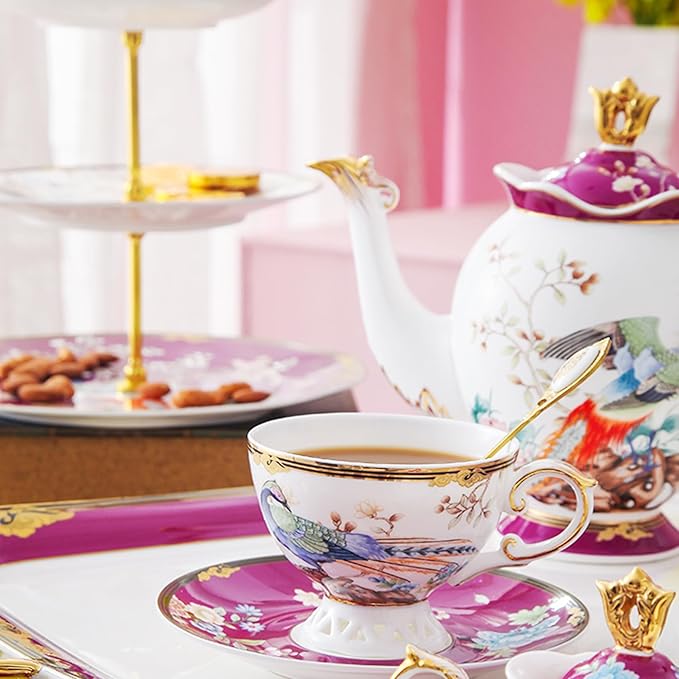 ACMLIFE Bone China Tea Cup and Saucer Set - Bone China Tea Coffee Cup and Saucer Set for 1 Luxury Fine China Tea Cup Set for One Blue Vintage Teacups and Saucers for Women Tea Party or Gift Giving