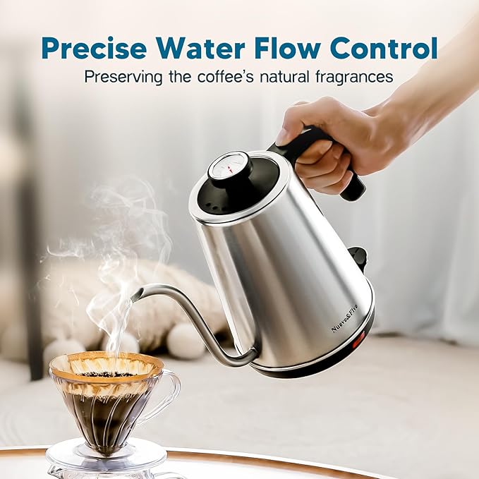 Nueve&Five Gooseneck Electric Kettle with Thermometer,Electric Tea Kettle 1L with Auto Shut-Off，1000W Hot Water Kettle of Stainless Steel,Pour Over Kettle for Coffee & Tea -Chrome