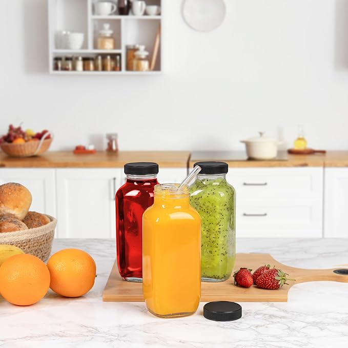 Juice Bottles with Lids, 16 Oz - Set of 3 - Clear Glass Jars with Caps - Reusable Empty Drink Containers for Juicing, Smoothies, Water, Milk, Kombucha Storage, Wellness Shots and More (3)