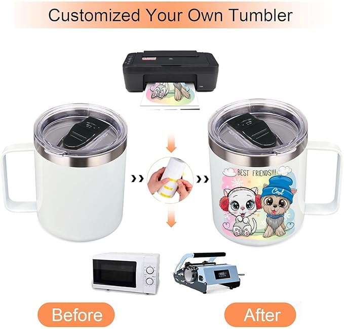Volhoply 14oz sublimation Insulated Stainless Steel Coffee Mug with Leakproof Lid,Double Wall Vacuum Travel Cup with Handle,Reusable Metal Cups Tumbler,Camping Mugs Keep Hot/Cold(Sublimation,1 Set)