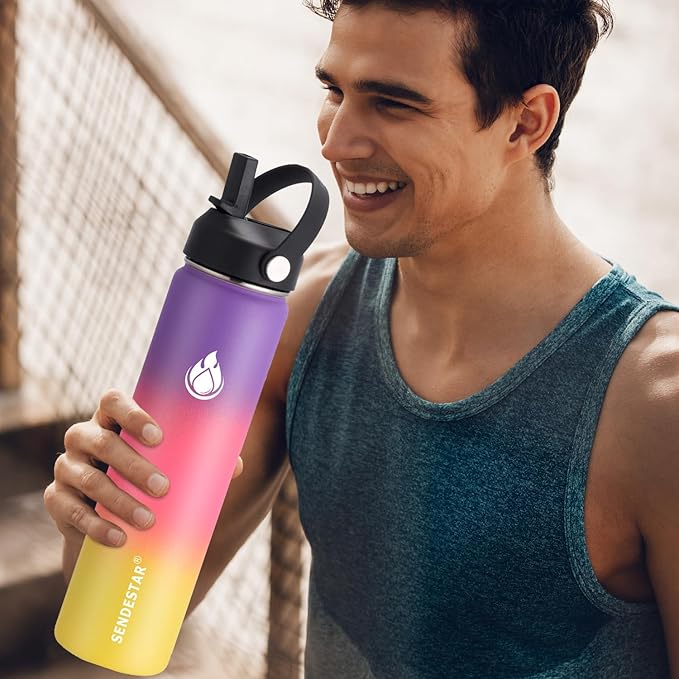 SENDESTAR Water Bottle 32oz Double Wall Vacuum Insulated Leak Proof Stainless Steel Sports Water Bottle—Wide Mouth with New Flex Straw Lid & Spout Lid (Havana)