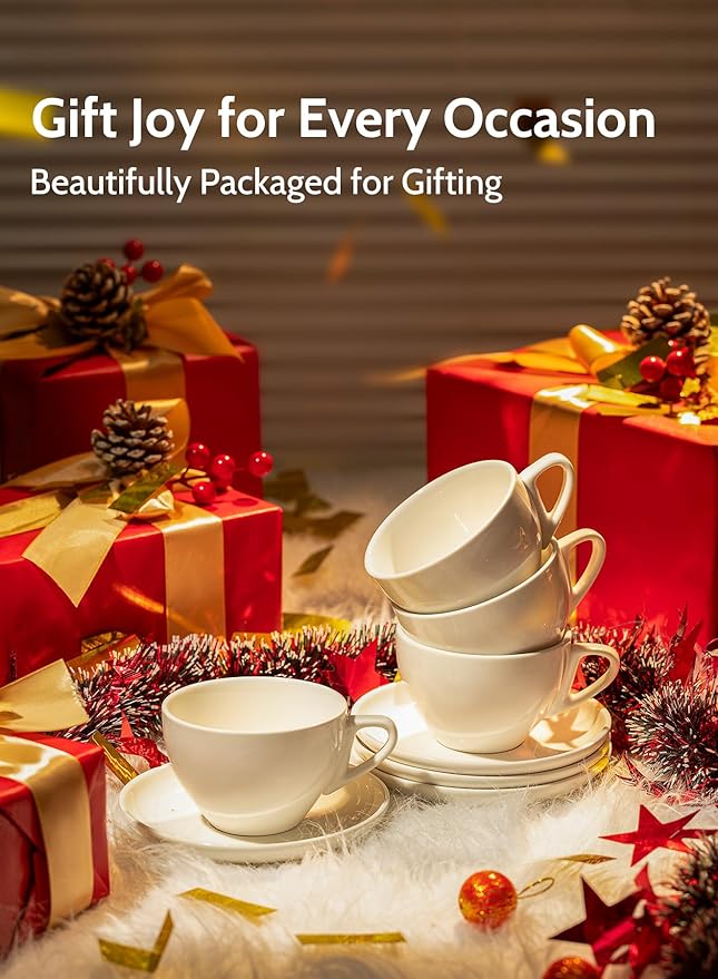 Sweese 6 Ounce Cappuccino Cups with Saucers, Porcelain Double Espresso Cups Set of 6 - White