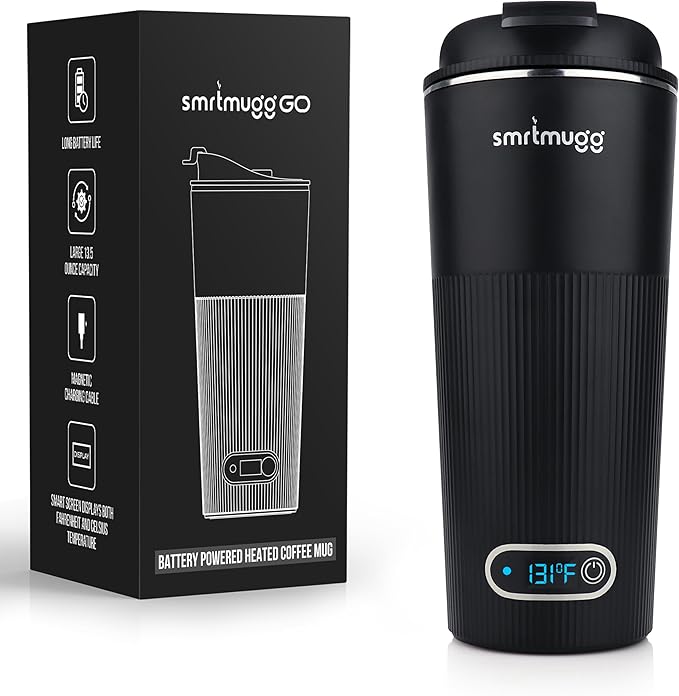 GO Heated Coffee Mug, Travel Mug, 13.5 OZ. Smart Mug, Battery Powered Heated Coffee Mug, Great for Coffee and Tea, Snap on Magnetic Charging Cord, New and Improved (Black)
