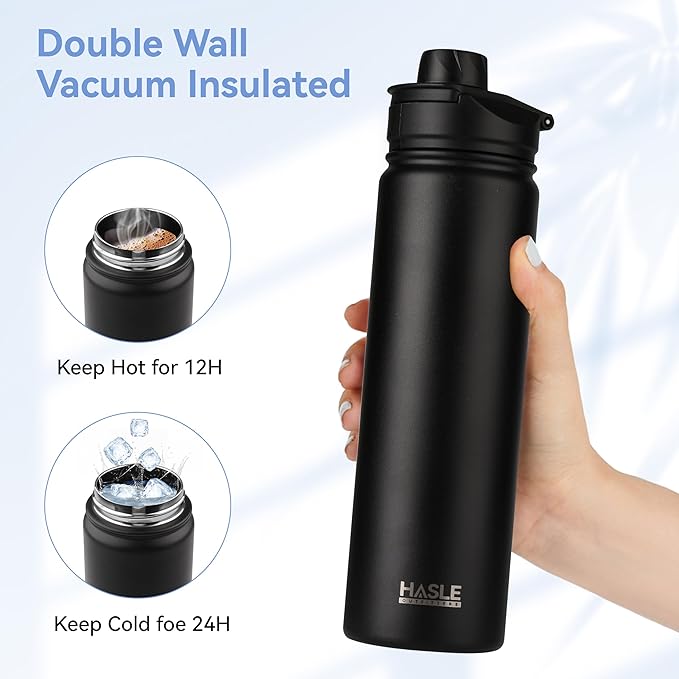 HASLE OUTFITTERS Insulated Water Bottle 22 oz Double Wall Stainless Steel Water Bottle Wide Mouth with Straw Lid & Spout Lid Keeps Cold or Hot(Black,4)