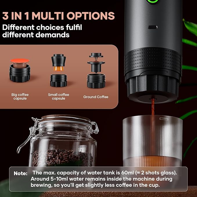 kejector Portable Coffee Maker Espresso Machine for Travel Nano Car Coffee Maker Compatible with Ground Coffee & NS Capsule for RV, Hiking Camping Office, Travel Espresso Maker Electric Gray