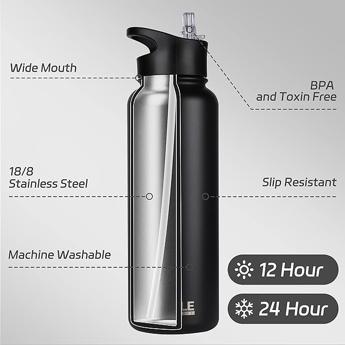 HASLE OUTFITTERS 40oz Stainless Steel Water Bottle, Vacuum Insulated Double Walled Leak Proof Sports Water Bottle with 2 Lids (Straw and Spout Lid) Thermo Mug Keep Cold and Hot(Black,1)