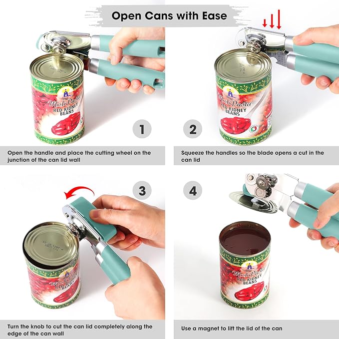 Beneno Can Opener Manual with Magnet, Hand Held Heavy Duty Can Opener with Durable Sharp Blade Smooth Edge, Big Effort-Saving Knob, Soft Grip Rubber Handle, Multifunctional Bottle Opener, Mint