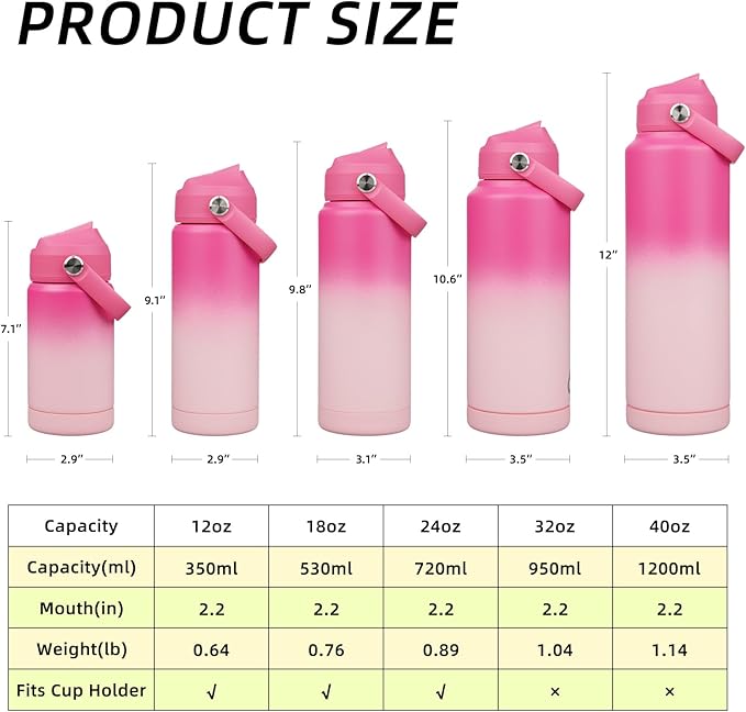 BJPKPK Water Bottle with Straw Lid, 24oz Vacuum Insulated Water Bottles, Metal Stainless Steel Thermos for Sports, Travel, BPA Free Leak Proof Thermos, Cups, Flasks, Tumblers,Cherry