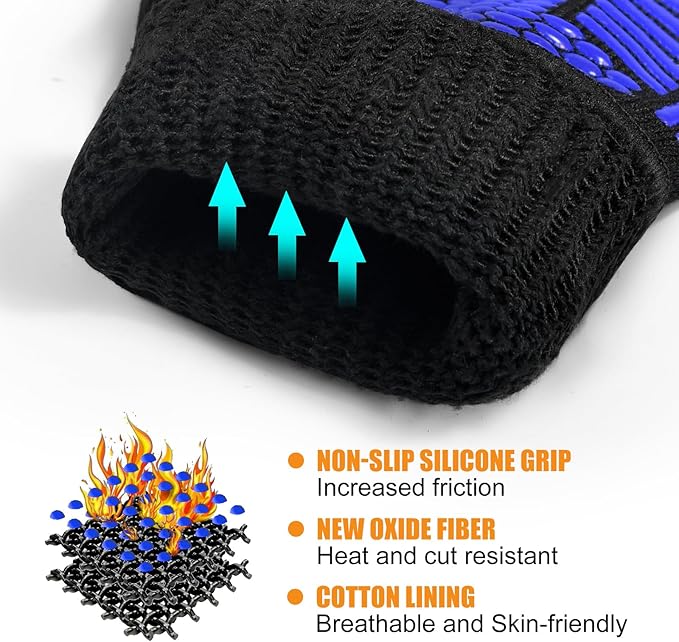 BBQ Gloves, Oven Gloves, Extreme Heat Resistant Barbecue Gloves, Silicone Non-Slip Oven Mitts, Kitchen Gloves for Cooking, Grilling, and Baking (Blue)