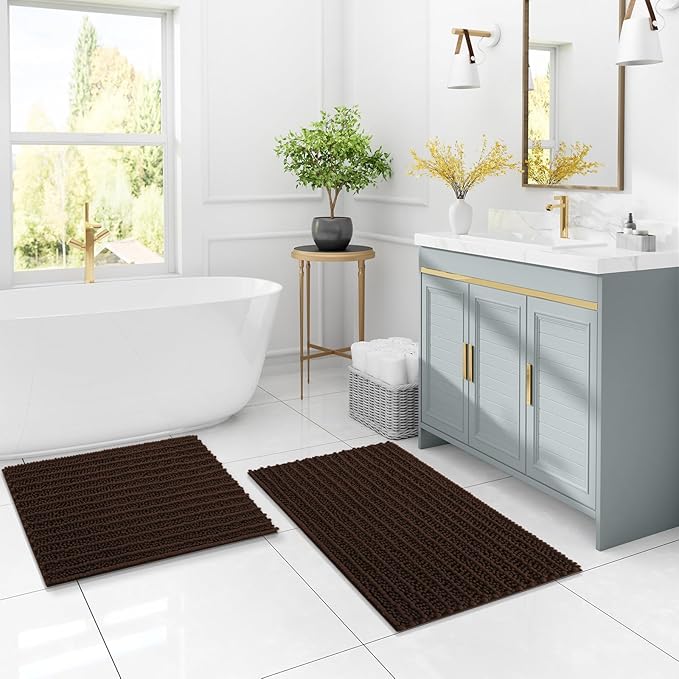 Arotive Luxury Chenille Bathroom Rug Mat, Extra Soft Thick Absorbent Shaggy Bath Rugs, Non-Slip Machine Wash Dry, Plush Bath Mats for Bathroom, Shower and Tub, 60x24, Brown