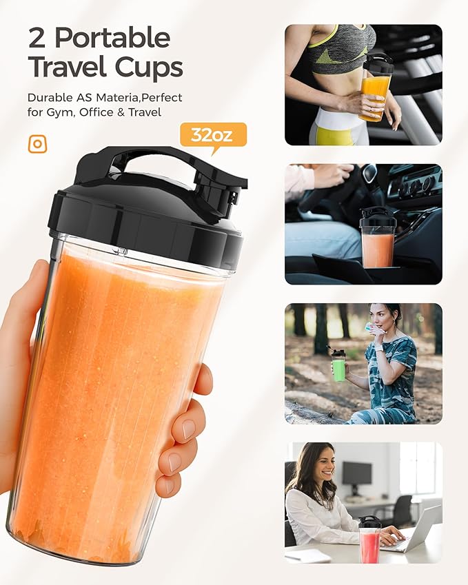 iCucina Smoothie Blender, 1000W Personal Blender for Shakes and Smoothies with 2 x 32oz Protable Cups and Lids, Single Serve Blenders for Ice Crushing, Bean Grinding, Frozen Fruit Drinks, Black