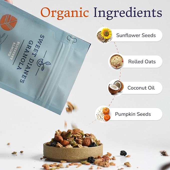 Sweet Diane’s Granola – Standard Size (12 oz): Organic Granola, Low-Sugar, High-Fiber, Gluten-Free, Vegan, Delicious Breakfast and Snack Topper (Classic Size, Blueberry Almond)