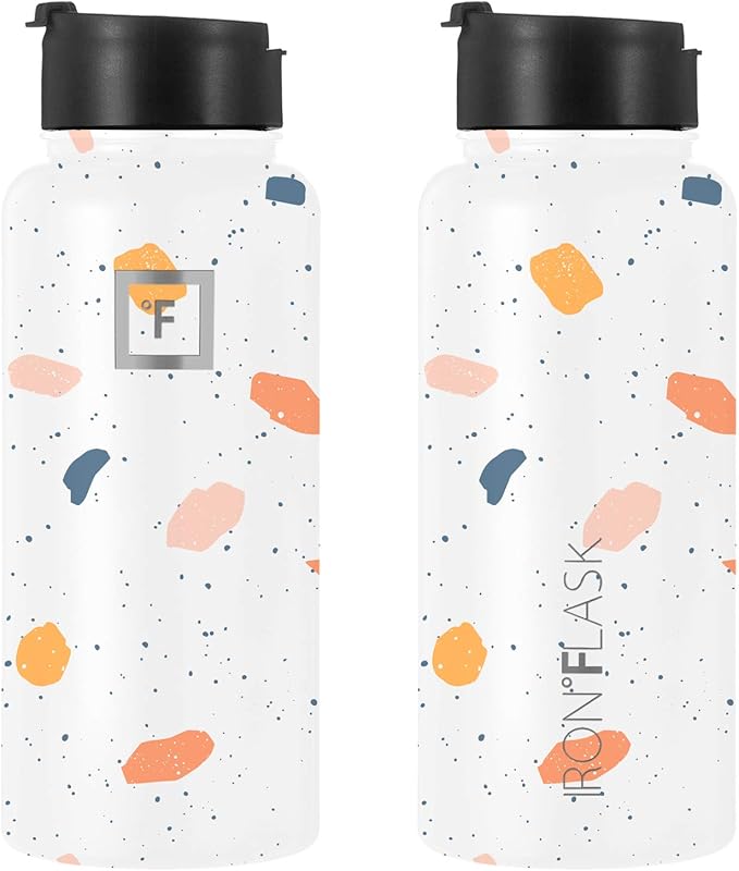 IRON °FLASK Camping & Hiking Hydration Flask with 3 Lids - Stainless Steel, Double Walled & Vacuum Insulated Water Bottle - Leak Proof & BPA Free (Terrazzo, Spout - 32 oz)