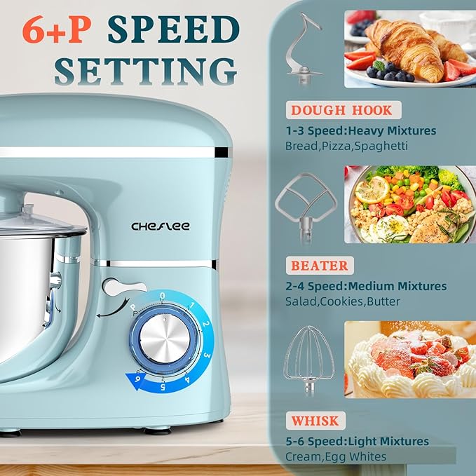 CHeflee Stand Mixer,660W 6+P With 6.5QT Stainless Steel Bowl,Dough Hook, Wire Whip & Beater,for Most Home Cooks,Blue