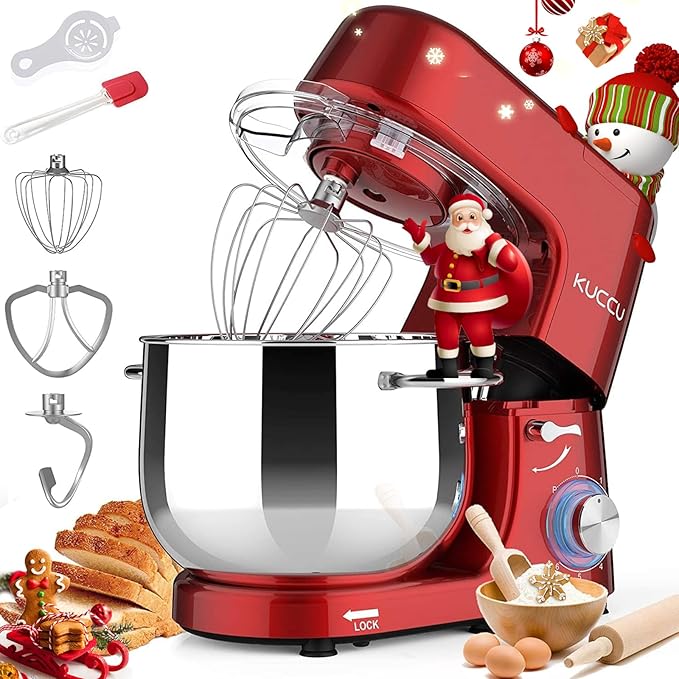 9.5 QT Double Handle KUCCU Stand Mixer, 6 Speed with Pulse Electric Kitchen Mixer, 660W Tilt-Head Food Mixer with Dishwasher-Safe Dough Hook, Flat Beater, Whisk, Splash Guard for home baking (Red)