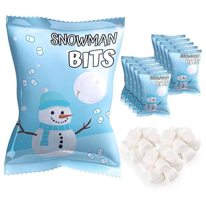 4E's Novelty 50 Packs "Snowman Bits" Mini Marshmallow Packets, Vanilla Flavored, 14 Marshmallows in Each Bag, Bulk Individually Wrapped Christmas Marshmallows For Hot Chocolate Bar Supplies Party Treats