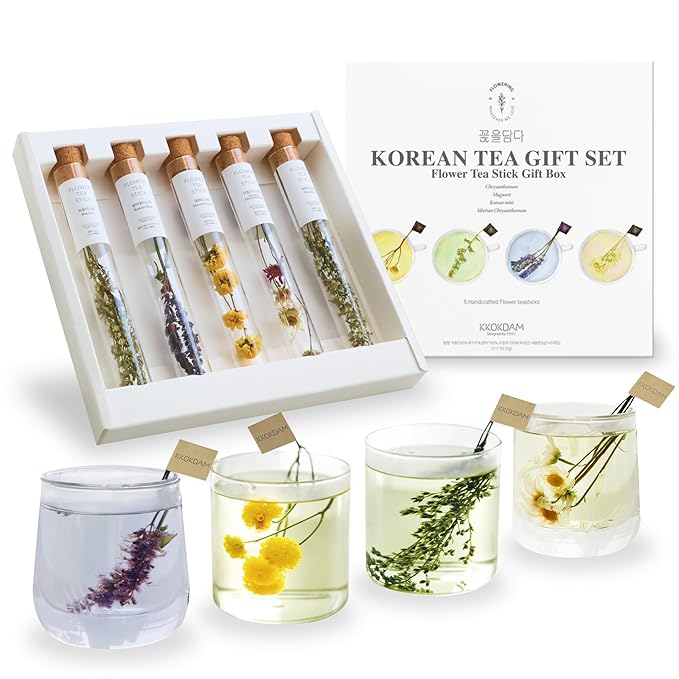 KKOKDAM Fancy Korean Tea Gift Set – Premium Flower Tea Stick Variety Pack - 5 Loose Leaf Blooming Flower Teas