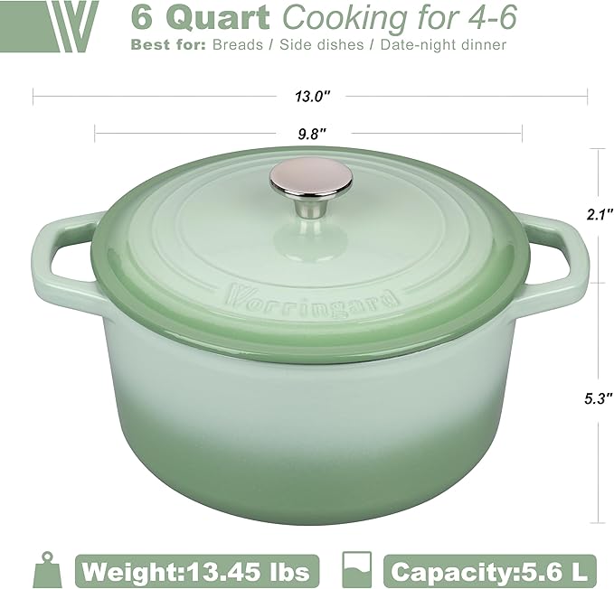 Enameled Cast Iron Dutch Oven Pot with Lid, for Bread Baking, Round Bread Oven- include Sourdough Bread Baking Supplies Set, 6QT, Green