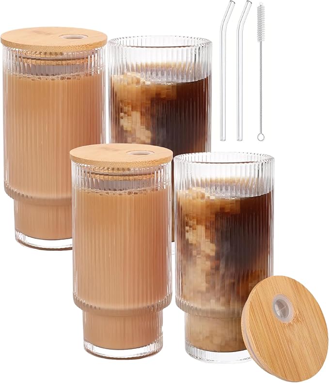 Glass Cups with Lids and Straws - 16 oz Iced Coffee Cups, Vintage Ribbed Drinking Glasses with Bamboo Lids, Tumbler for Juice, Beer, Coffee, Milk, Cocktail, Water (4 Pack)