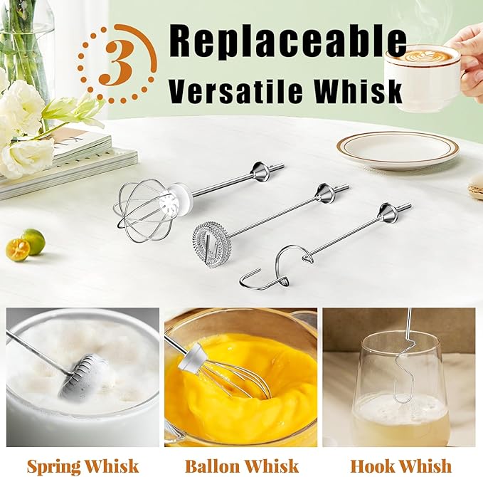 Nahida Orange Milk Frother Wand for Coffee, Frother Handheld Rechargeable Electric Whisk with 3 Heads 3 Speeds Drink Mixer Coffee Frother Foam Maker For Latte, Cappuccino, Hot Chocolate, Egg