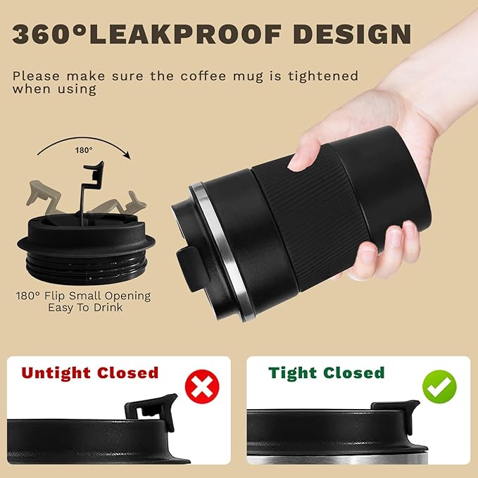 Vacuum-Insulated Stainless Steel Travel Coffee Mug, Leak-Proof Reusable Coffee Cup with Lid - Keep Hot & Cold Drinks for Hours, Durable Thermos Tumbler for Men & Women (3rd-Black, 12OZ)