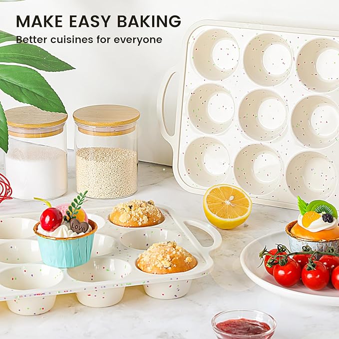 1Pack Silicone Muffin Pan for Baking with Metal Reinforced Frame, 12 Cup Regular Size Cupcake Pan, BPA Free Silicone Muffin Tray, Cupcake Baking Pan Molds for Oven Dishwasher Safe - Cream
