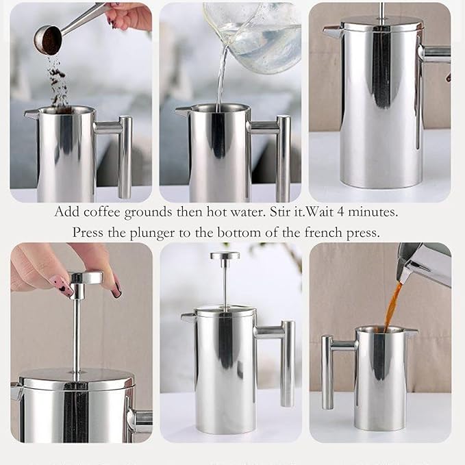 French Press Coffee Maker 3-Level Filtration Double-Walled 6MM Vacuum Insulated Keep Hot 2 Hours for Travel 32oz Polished Stainless Steel