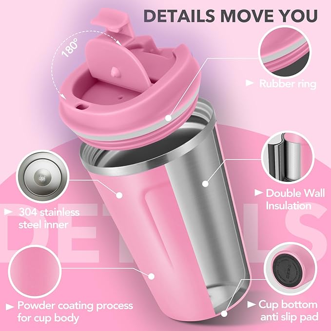 Volhoply 12 oz Double Wall Insulated Vacuum Travel Coffee Mug with Flip Lid Bulk 4 Pack,Reusable Stainless Steel Leak Proof Coffee Cups,Portable Cafe Thermal Tumbler for Hot & Cold Drinks(Pink,4 Set)