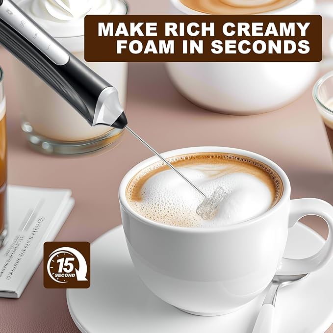 Handheld Electric Milk Frother with 2 Heads, Coffee Whisk Foam Mixer with USB Rechargeable 3 Speeds, Foam Maker Blender for Latte, Cappuccino, Hot Chocolate, Egg (Black)
