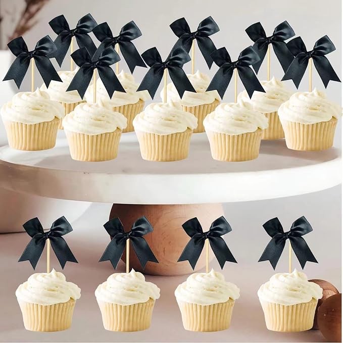 Black Bow Cupcake Toppers,Black Bow Birthday Decoration, Bow Themed Party Decorations Coquette Cake Decoration for Bachelorette Bridal Engagement Birthday Wedding Baby Shower Party Decor