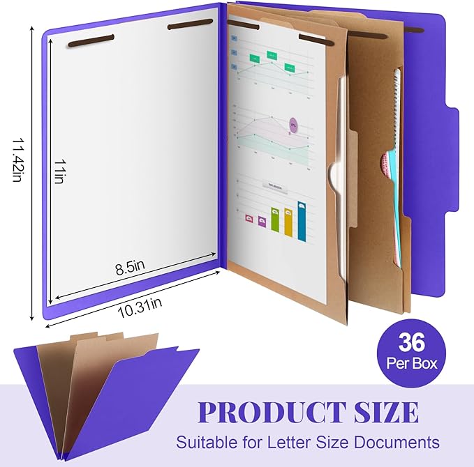 36 Pcs Classification Folders Letter Size, Back to School Supply for Teacher, Student, 2 Pocket Dividers Pressboard File Folder Bulk with 2 Fasteners, 2 in Expanding File Organizer (Purple)